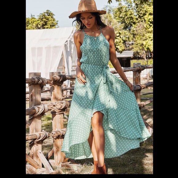 Light green polka dot ruffle hem wrap dress. - Picture 1 of 2